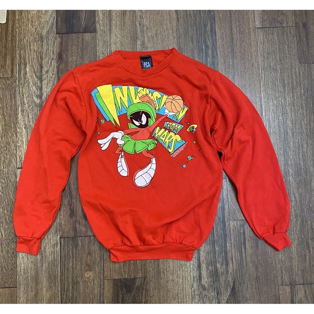 VTG 90s Looney Tunes Marvin The Martian Sweatshirt PCA Athletic Red Large 14-16